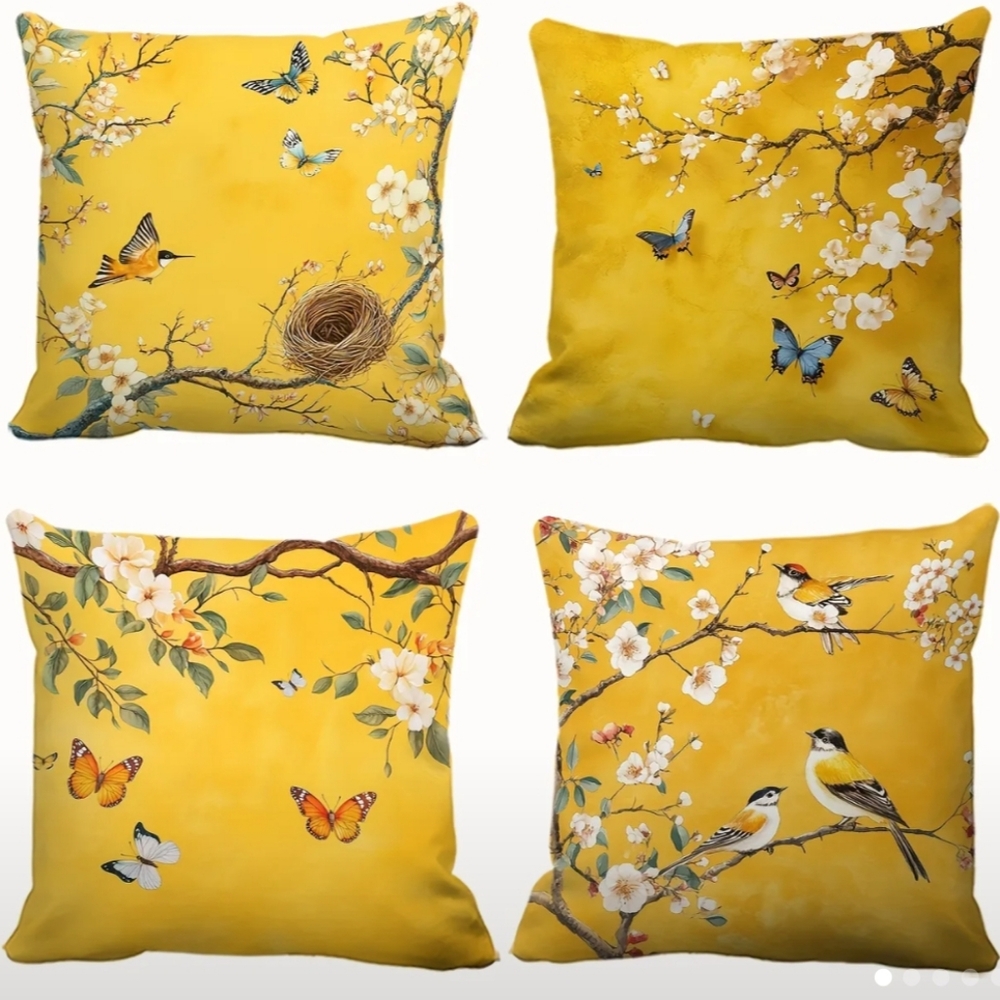 (4) Traditional Style Yellow Peony Branch & Birds Decorative Pillow Covers. NIP